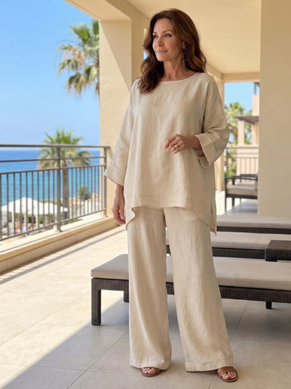 Women’s Linen Blend Crew Neck Shirt and Wide Leg Pants Set in Multiple Colors
