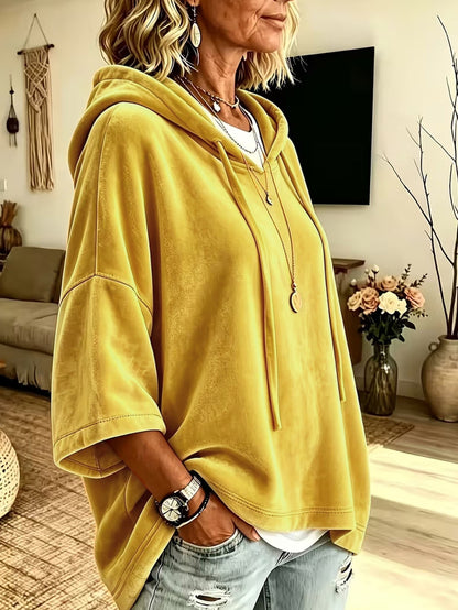 Women’s Minimalist Velour Hoodie, Loose Fit 3/4 Sleeves Hood
