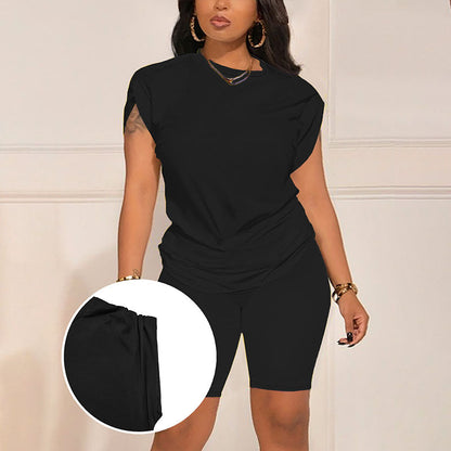 Front-pleat top and high-waisted slim-fit shorts set