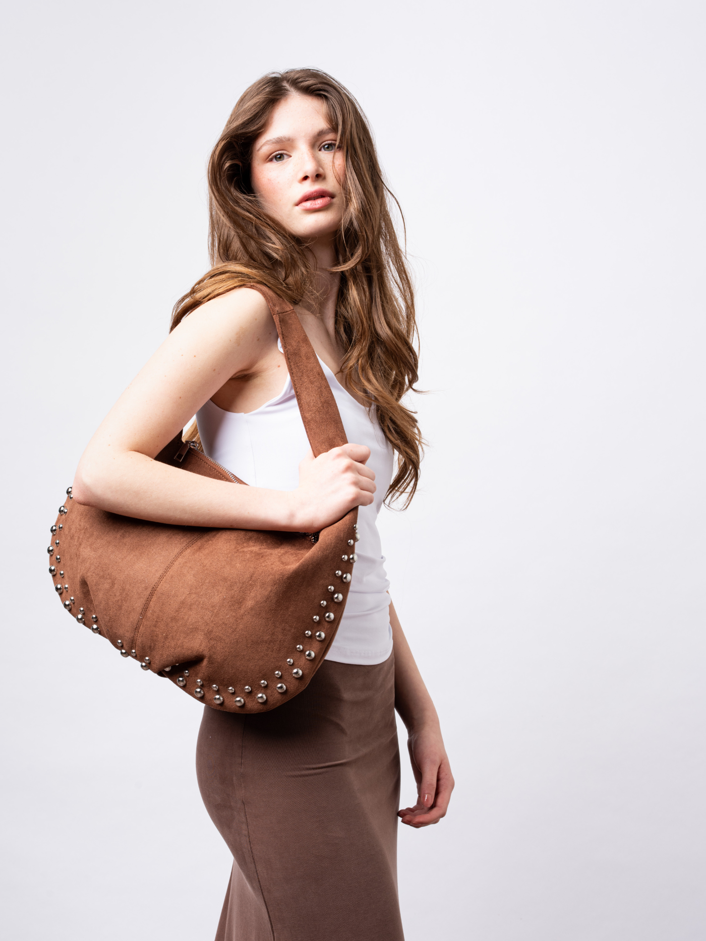 Studded Suede Shoulder Bag