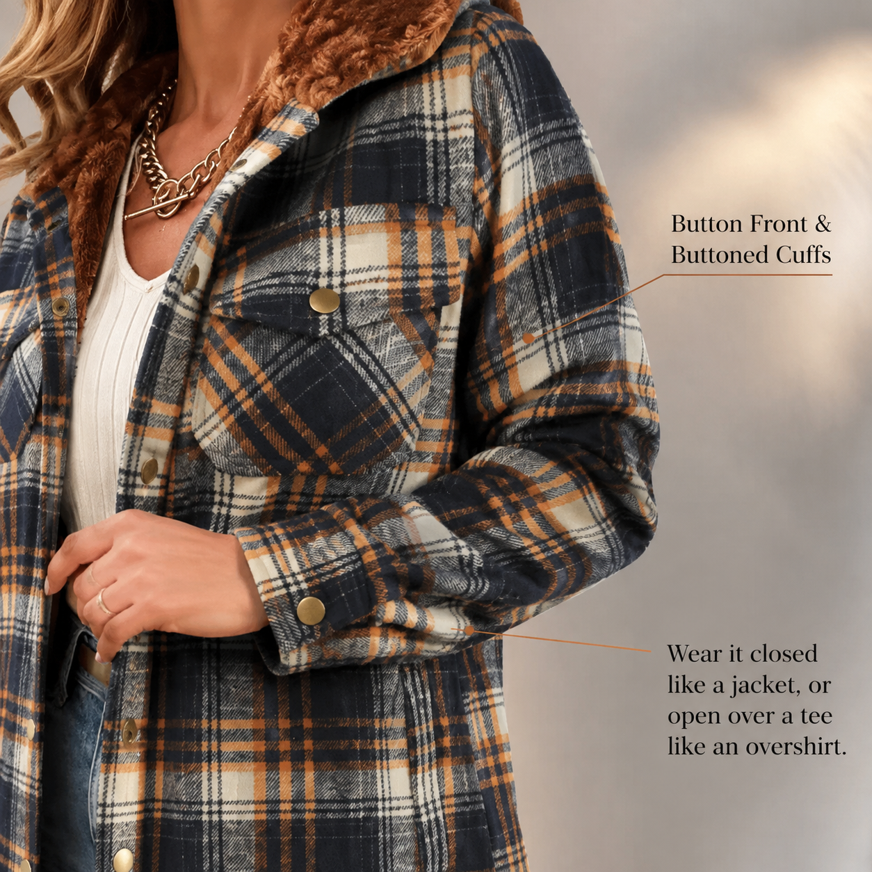 Women's Plaid Shacket Jacket - Hooded & Warm