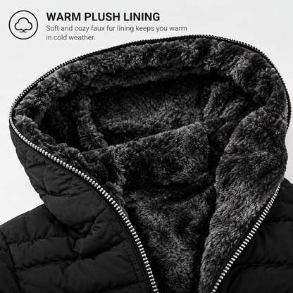 Women's Plush-Lined Long Puffer Coat with Hood – Warm Quilted Winter Parka with Zip Pockets, Hip-Covering Longline Outerwear