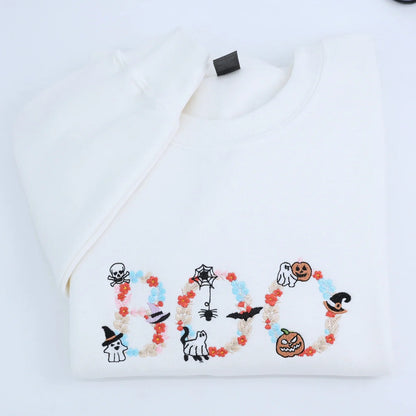 Custom Floral Boo Halloween T-Shirt, Sweatshirt or Hoodie, Cute Ghost Witch Pumpkin, Embroidered Spooky Gift