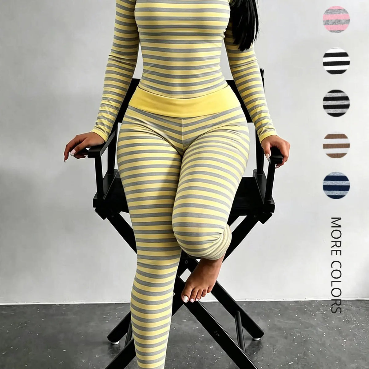 Women's Striped Pajama Set – Slim-Fit Long Sleeve Top & Fold-Over Waist Pants Loungewear