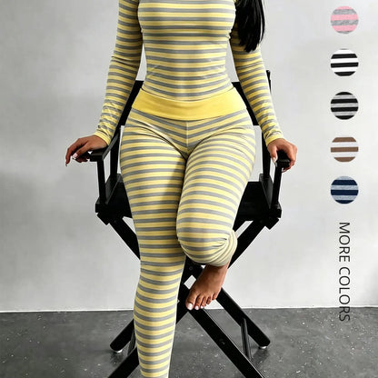 Women's Striped Pajama Set – Slim-Fit Long Sleeve Top & Fold-Over Waist Pants Loungewear