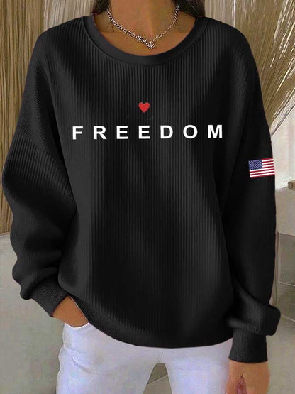 Women's Freedom Flag Print Knitted Crew Neck Long Sleeve Top