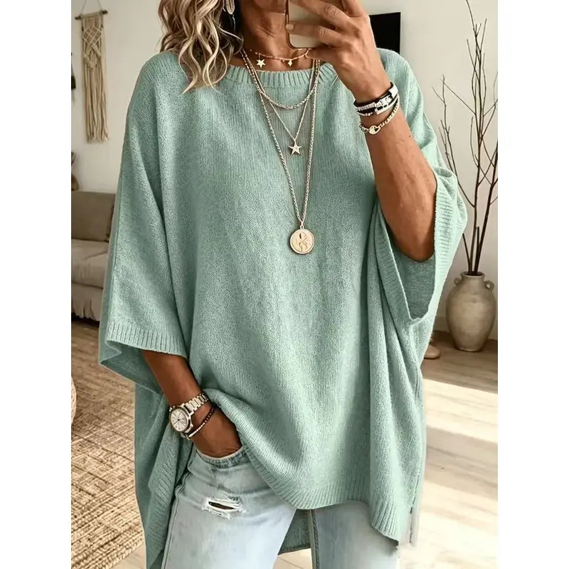 Women's Loose Fit Crew Neck Knit Sweater – Lightweight Solid Color Casual Top