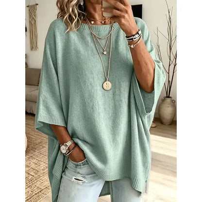 Women's Loose Fit Crew Neck Knit Sweater – Lightweight Solid Color Casual Top