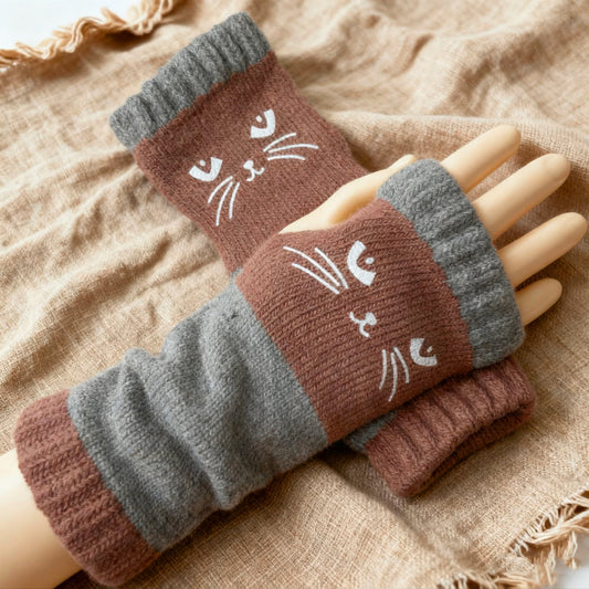 Women’s Knitted Fingerless Gloves with Cute Cat