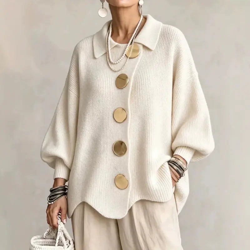 Women's French Lapel Knit Cardigan – Loose Sweater Coat with Big Metal Buttons & Lantern Sleeves