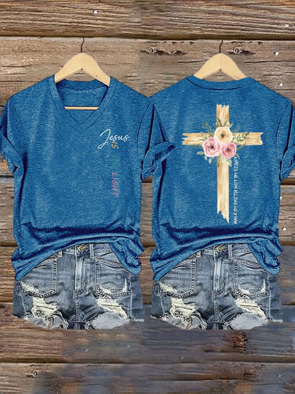 Women's faith cross JESUS IS THE LIGHT printed V-neck T-shirt
