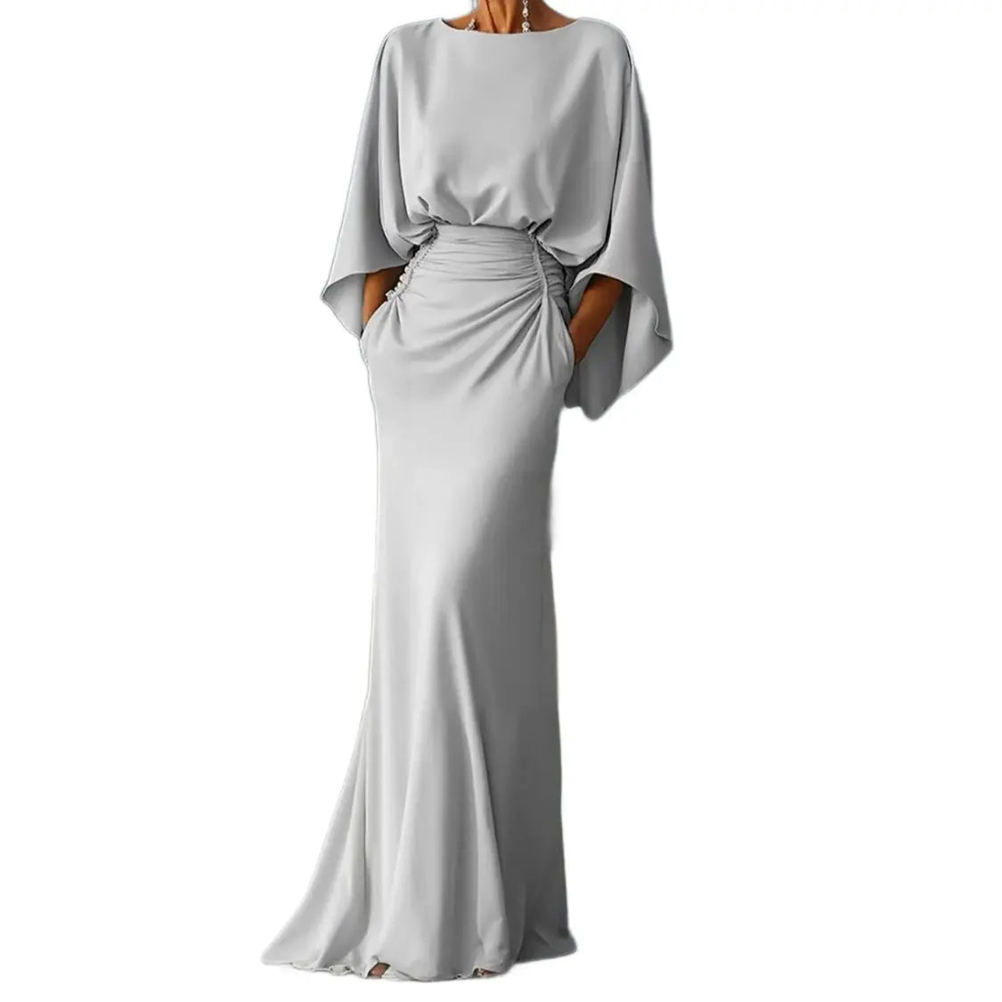 Women's Deep V Back Batwing Sleeve Formal Maxi Dress with Pockets