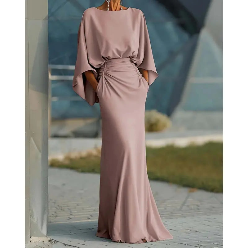 Women's Deep V Back Batwing Sleeve Formal Maxi Dress with Pockets