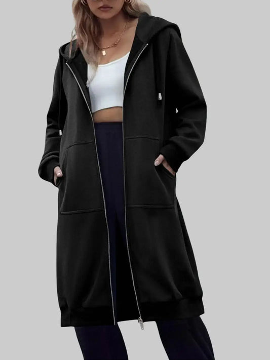 Women's Long Fleece Hoodie Tunic Jacket