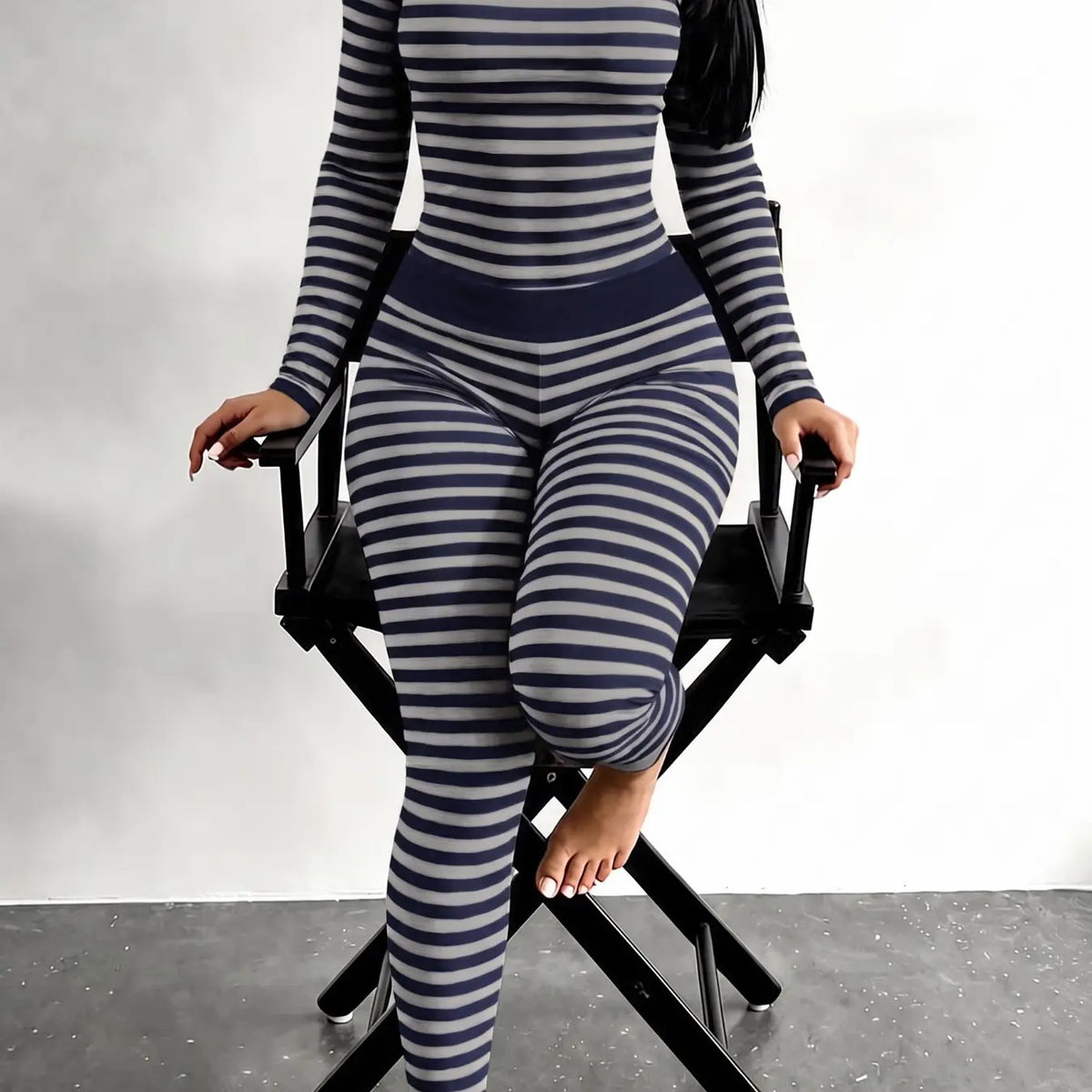 Women's Striped Pajama Set – Slim-Fit Long Sleeve Top & Fold-Over Waist Pants Loungewear