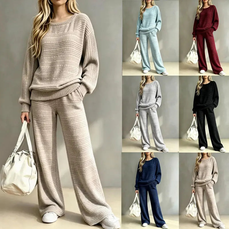 Women's Knit Two Piece Set – Oversized Sweater Top & Wide Leg Pants Lounge Outfit