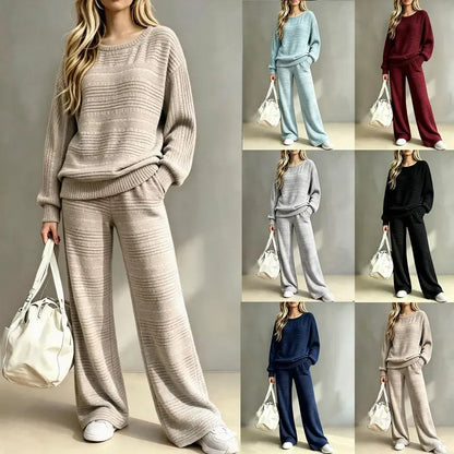 Women's Knit Two Piece Set – Oversized Sweater Top & Wide Leg Pants Lounge Outfit