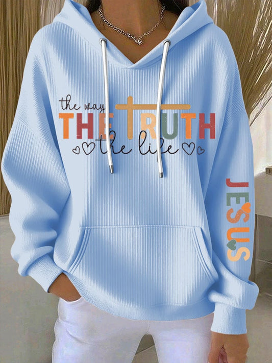 Women's Faith Cross Contrast The Way The Truth The Life Print Casual Hooded Sweatshirt
