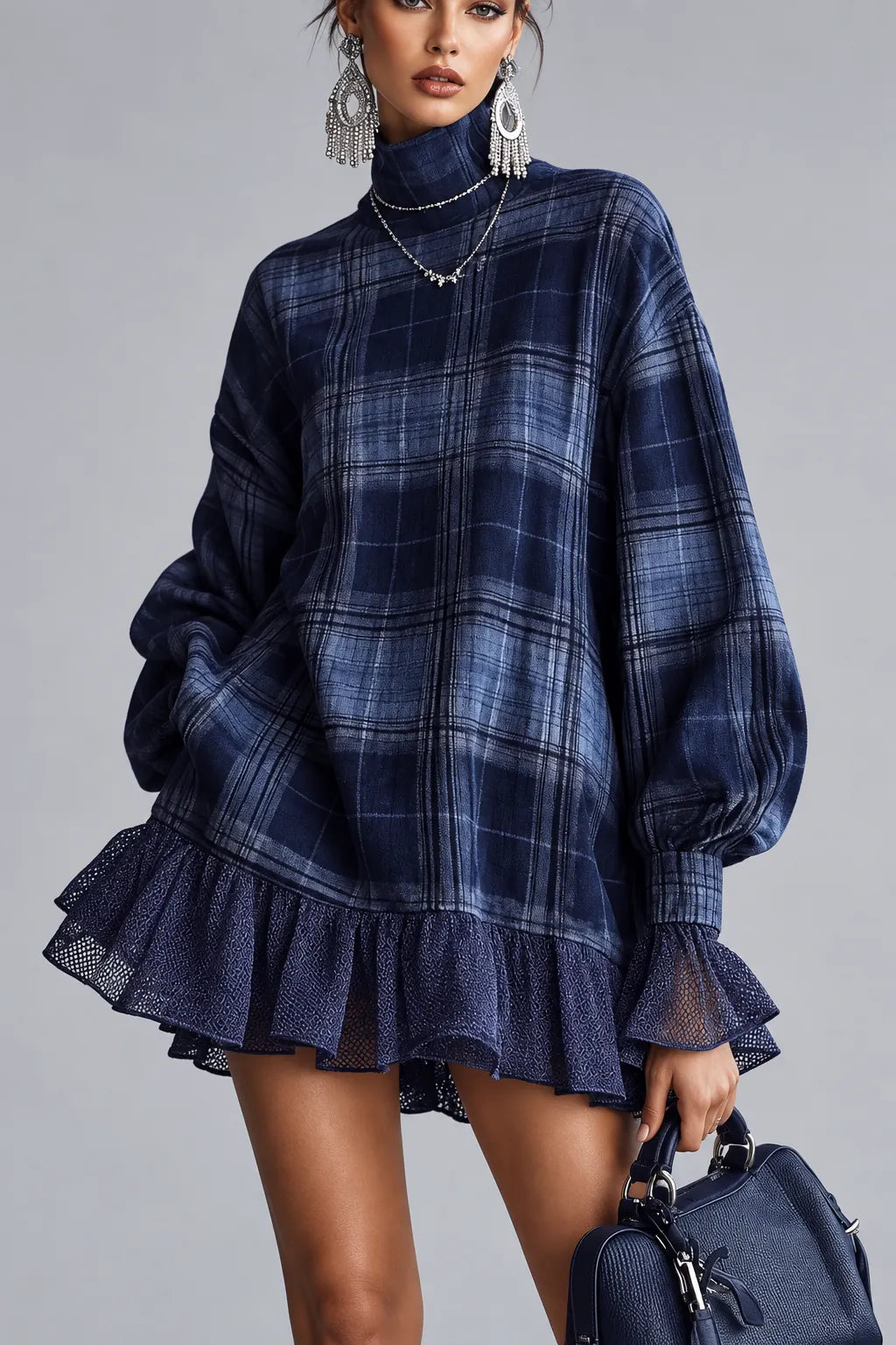 Plaid Ruffle Hem Mini Dress – High Neck with Mesh Accents