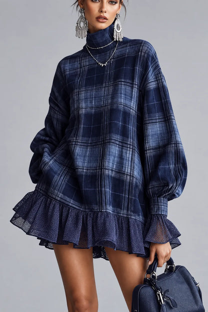 Plaid Ruffle Hem Mini Dress – High Neck with Mesh Accents