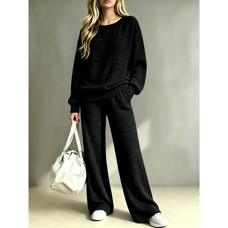 Women's Knit Two Piece Set – Oversized Sweater Top & Wide Leg Pants Lounge Outfit