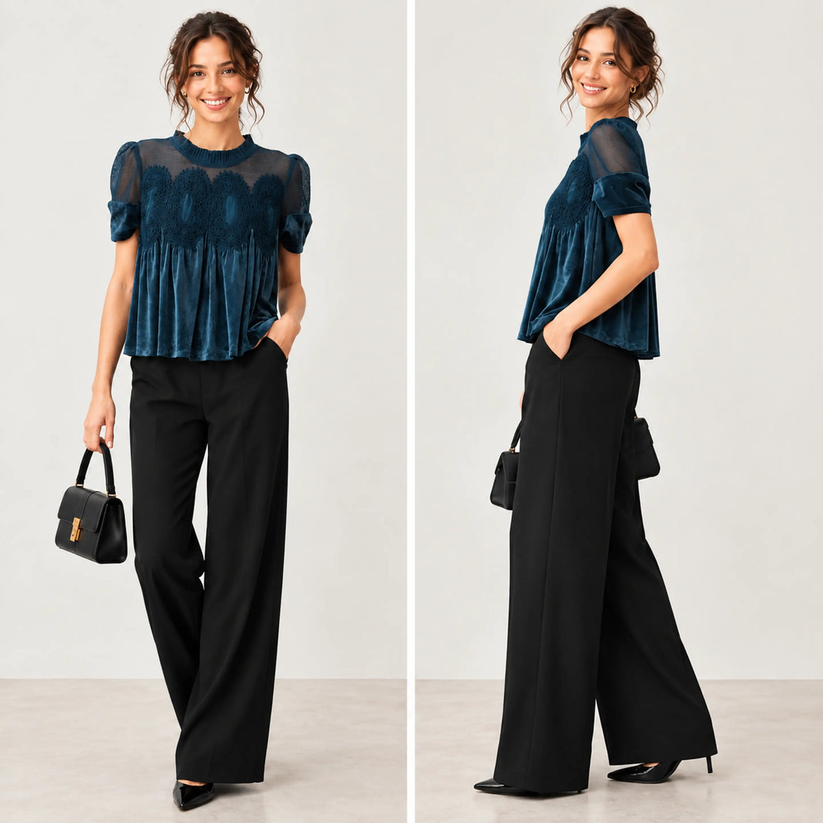 Velvet & Sheer Lace Short Sleeve Top for Women – Flowy Crewneck Swing Blouse