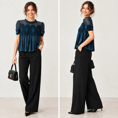Velvet & Sheer Lace Short Sleeve Top for Women – Flowy Crewneck Swing Blouse