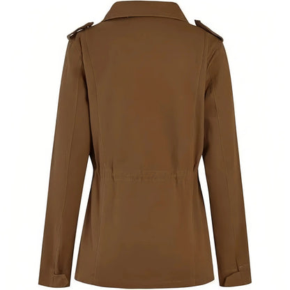 Women's Cotton Military Jacket, Lightweight Utility Field Coat with Four Flap Pockets, Hidden Zip and Adjustable Waist Drawstring, XS-XXL