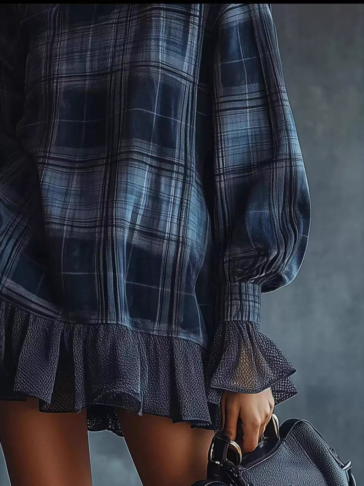 Plaid Ruffle Hem Mini Dress – High Neck with Mesh Accents