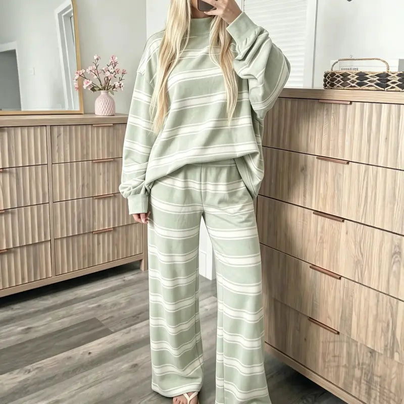 Women's Striped 2 Piece Set – Oversized Mock Neck Top & Wide Leg Pants