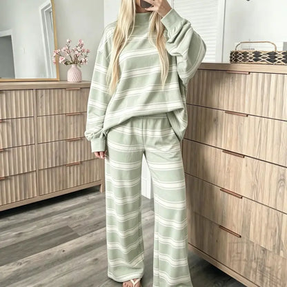 Women's Striped 2 Piece Set – Oversized Mock Neck Top & Wide Leg Pants