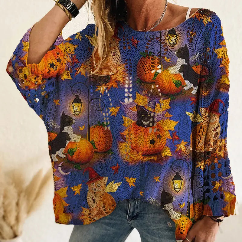 Women's Halloween Pumpkin-Bat Knit Pullover Sweater