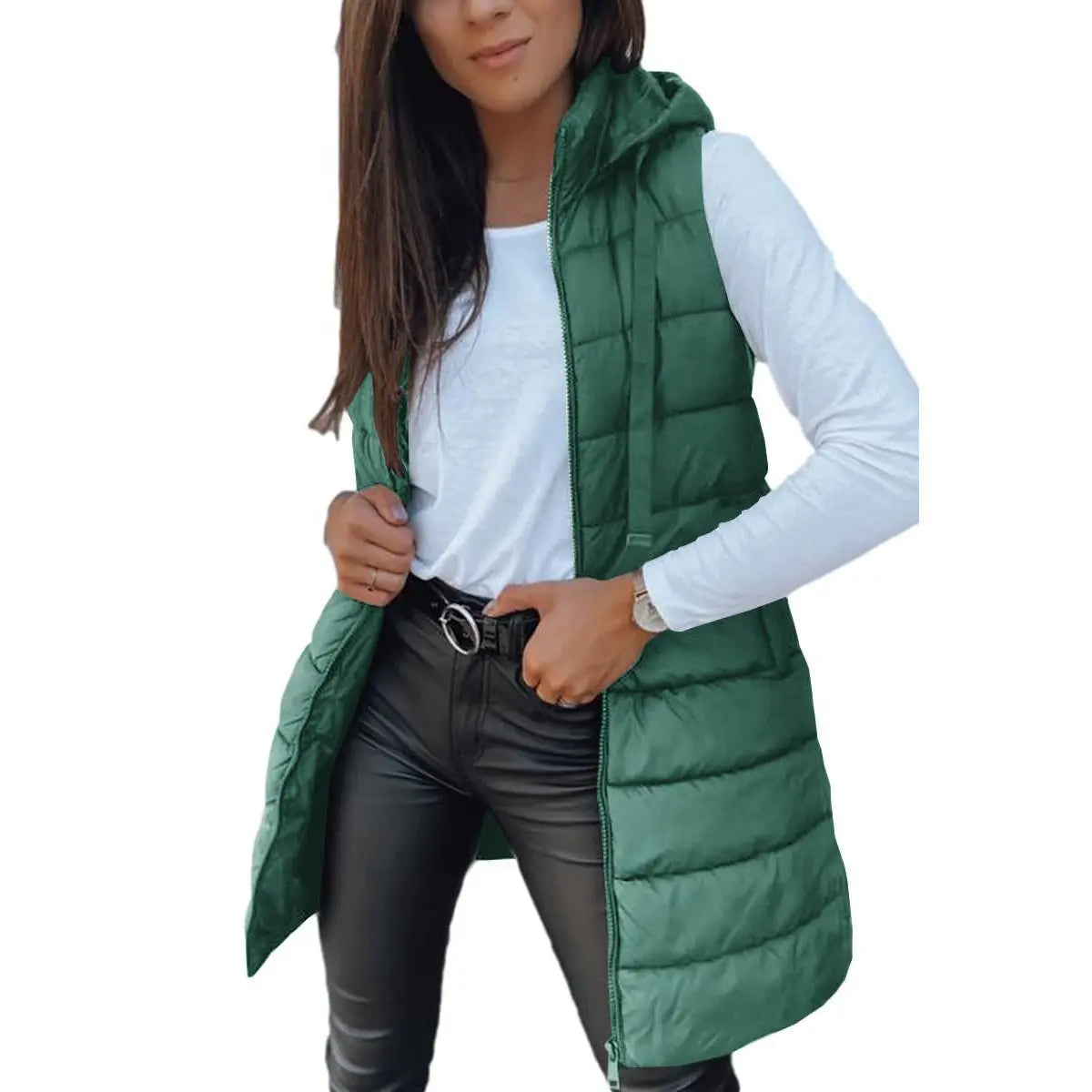 Women Long Puffer Vest Solid Color Sleeveless Hooded Winter Outwear