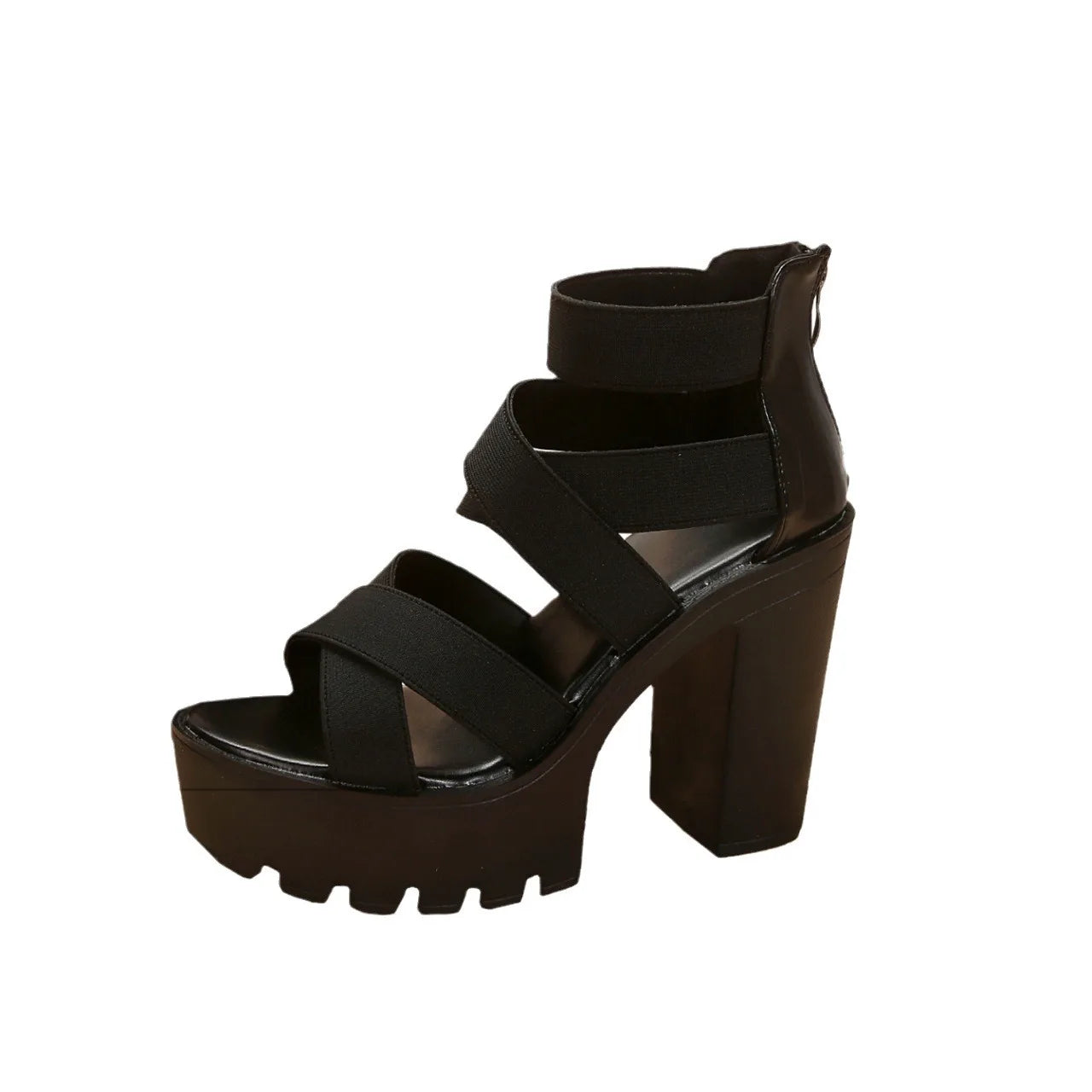 Black Chunky Heel Sandals With Strappy Design