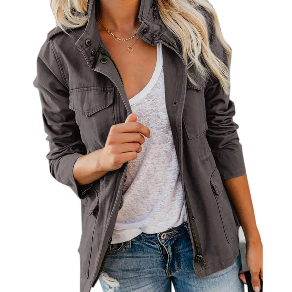 Women's Cotton Military Jacket, Lightweight Utility Field Coat with Four Flap Pockets, Hidden Zip and Adjustable Waist Drawstring, XS-XXL
