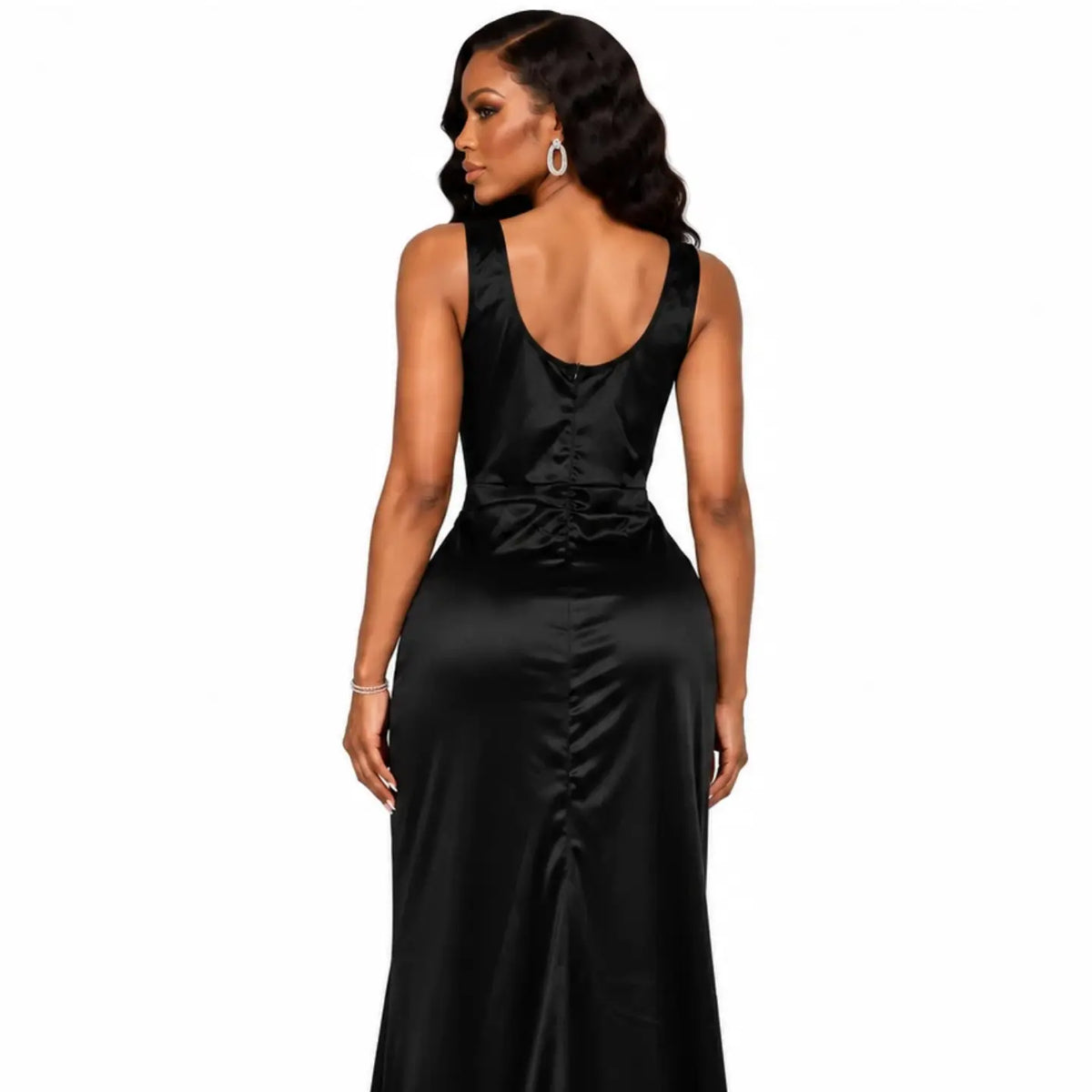 Cowl Neck Satin Maxi Dress with High Slit – Ruched Bodycon Evening Gown