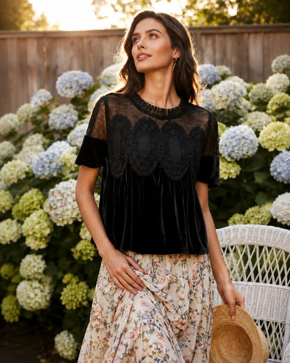 Velvet & Sheer Lace Short Sleeve Top for Women – Flowy Crewneck Swing Blouse