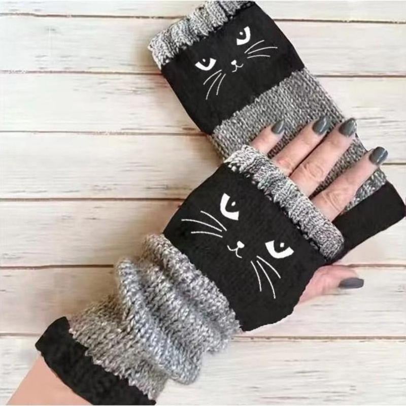 Women’s Knitted Fingerless Gloves with Cute Cat