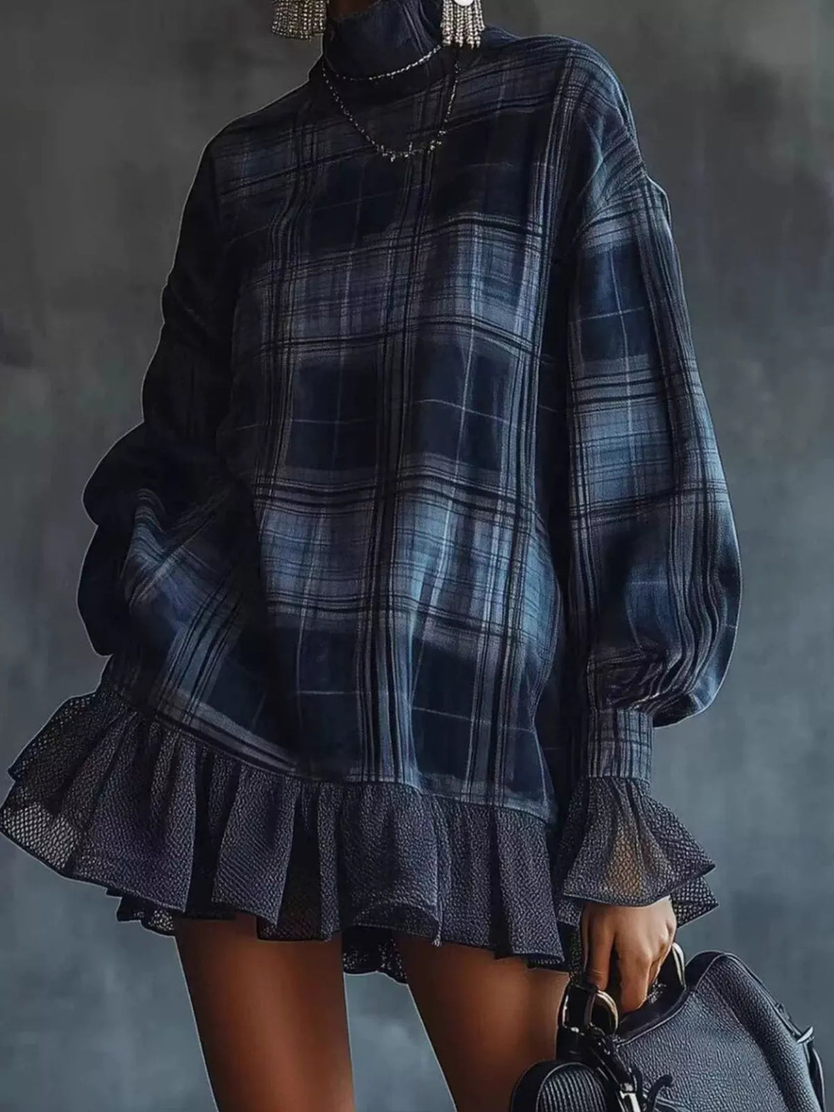 Plaid Ruffle Hem Mini Dress – High Neck with Mesh Accents