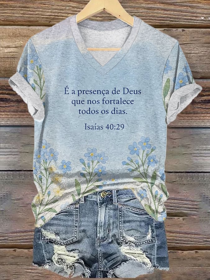 Women'S Leisure Flowers Faith Isaiah 40:29 Pattern Print T-Shirt