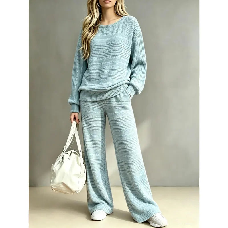 Women's Knit Two Piece Set – Oversized Sweater Top & Wide Leg Pants Lounge Outfit