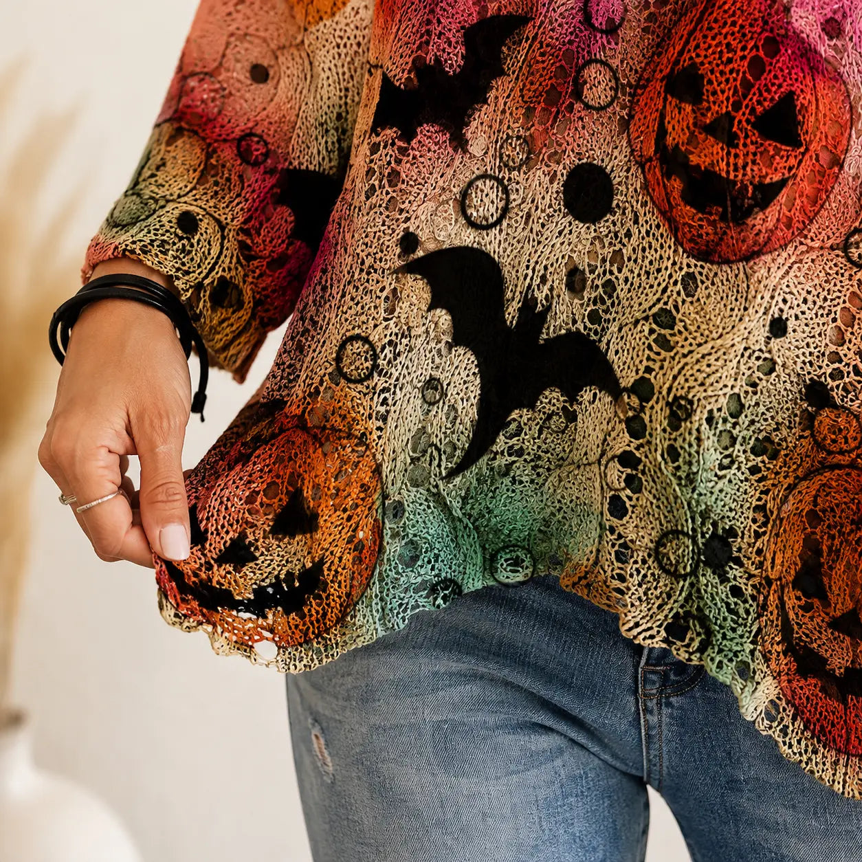 Women's Halloween Pumpkin-Bat Knit Pullover Sweater