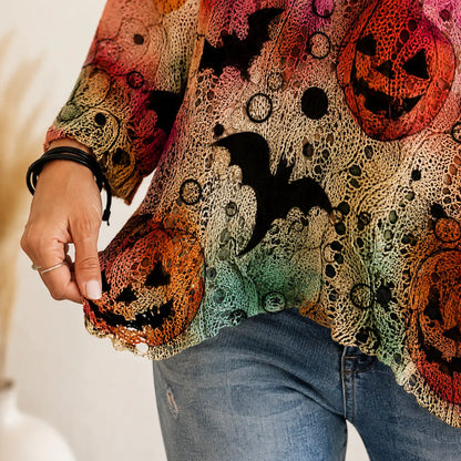 Women's Halloween Pumpkin-Bat Knit Pullover Sweater