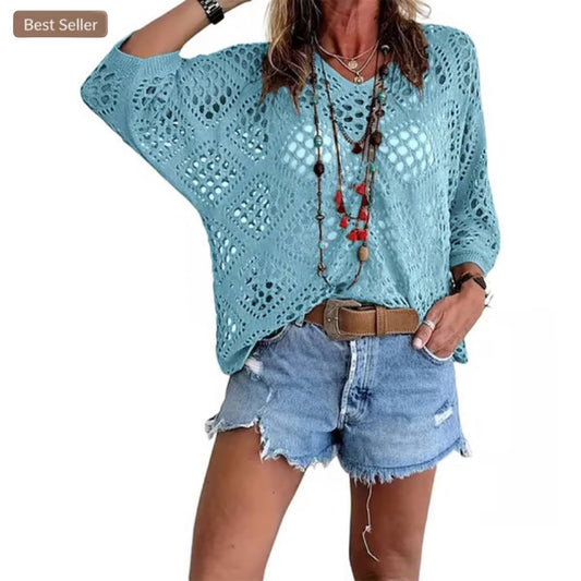 ⏰Hot Sale-Womens Bohemian-Inspired Beige Crochet Top with V-Neck