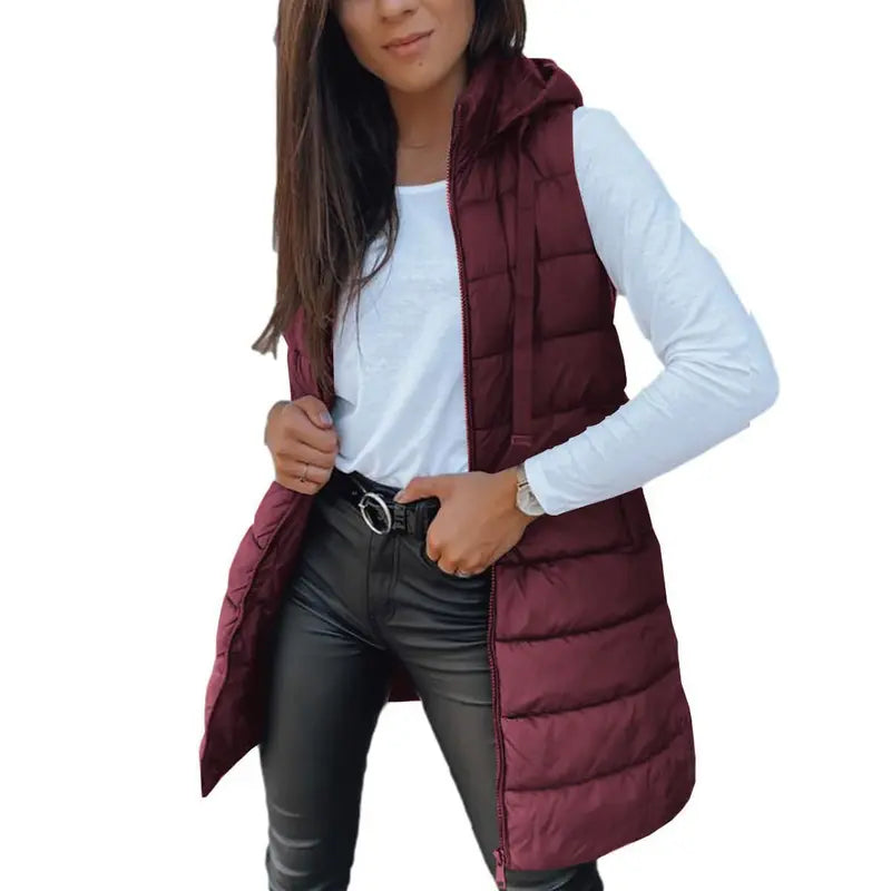 Women Long Puffer Vest Solid Color Sleeveless Hooded Winter Outwear