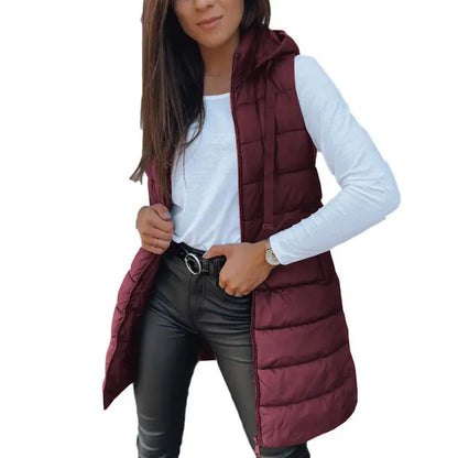 Women Long Puffer Vest Solid Color Sleeveless Hooded Winter Outwear