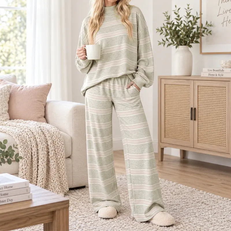 Women's Striped 2 Piece Set – Oversized Mock Neck Top & Wide Leg Pants