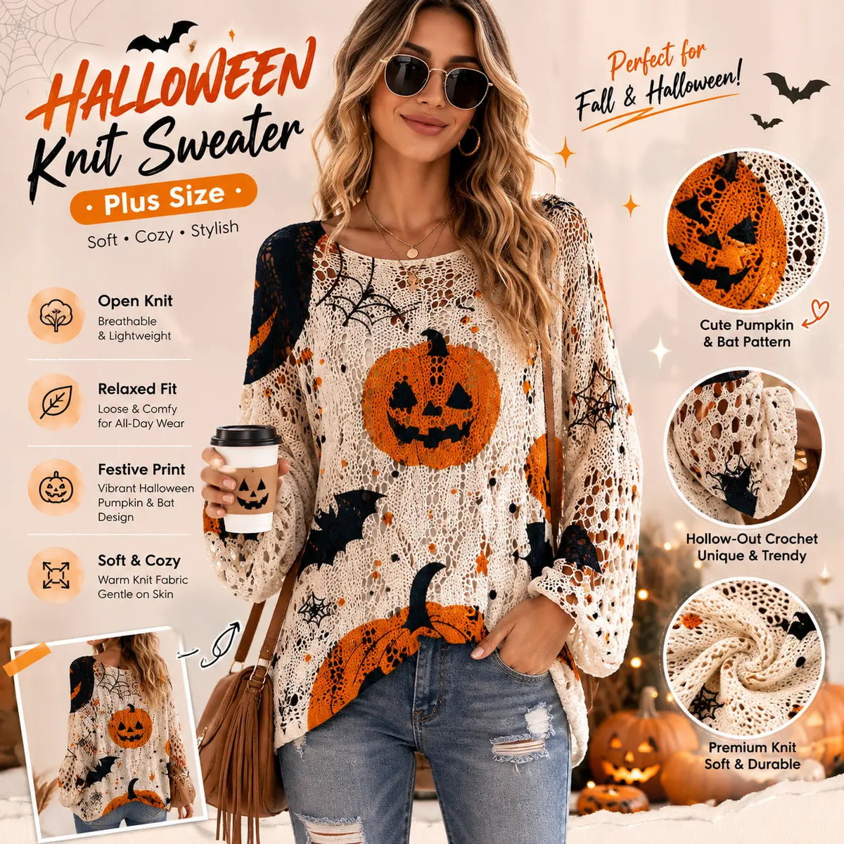 Women's Halloween Pumpkin-Bat Knit Pullover Sweater