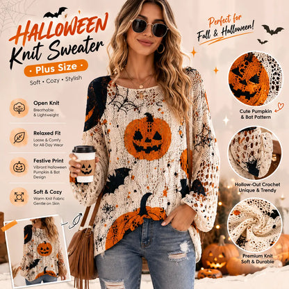 Women's Halloween Pumpkin-Bat Knit Pullover Sweater