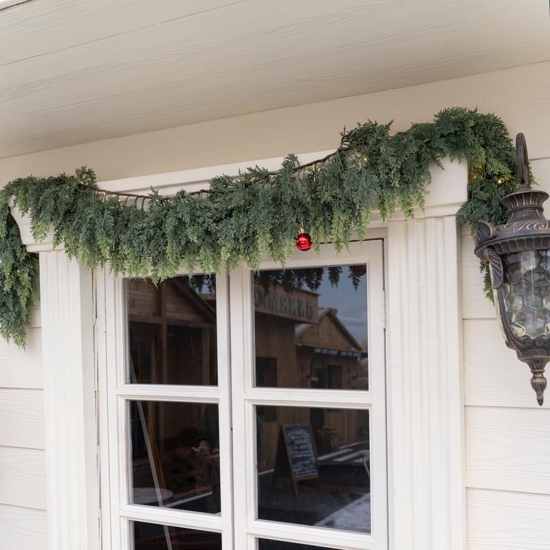 2PCS 6FT Pre-lit Christmas Cedar Garland with  LED Lights Realistic Faux Greenery for Fireplace Table Mantle Wall Indoor Outdoor Winter Holiday Decorations Ornaments